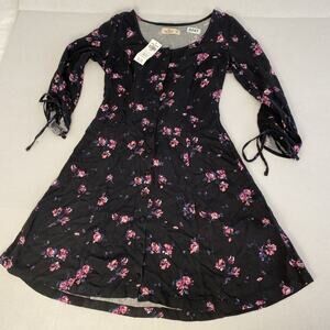 Hollister Xs NWT Black Floral Knee Length Dress Long Sleeve Cottage Core